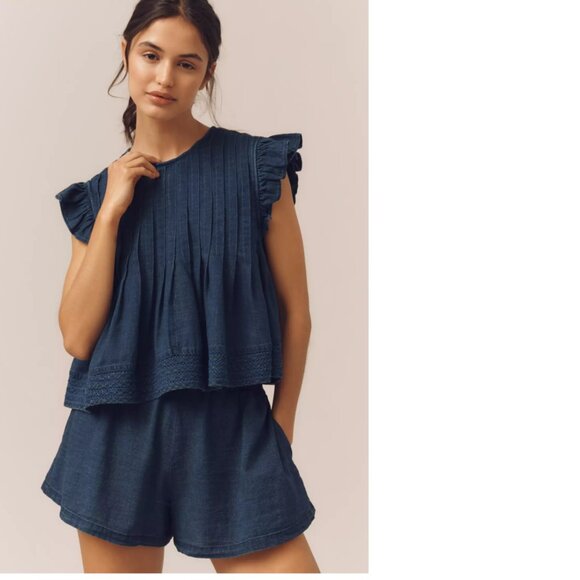 Anthropologie The Jade Denim Swing Top by Pilcro size S dark wash new with tag - Picture 1 of 6